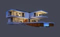 3d rendering of modern house at night isolated on gray. Royalty Free Stock Photo