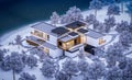 3d rendering of modern house by the river in winter night Royalty Free Stock Photo