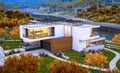 3d rendering of modern house by the river cool autumn evening wi Royalty Free Stock Photo