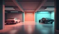 3D rendering of a modern garage interior with a car in the foreground