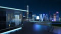 3D rendering of a modern glass balcony with city skyline