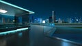 3D rendering of a modern glass balcony with city skyline