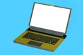 3d rendering of modern gold gaming laptop with rgb lights isolated on blue