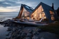 3d rendering of modern house on the beach in the evening, AI Generated Royalty Free Stock Photo