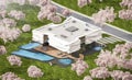 3d rendering of modern house with bionic natural curves plastic forms in spring day Royalty Free Stock Photo