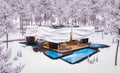 3d rendering of modern house with bionic natural curves plastic forms in winter evening