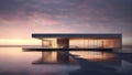 3D rendering of a modern house floats on a lake at sunset.