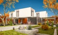 3d rendering of modern house in the garden ÃÂlear sunny autumn day