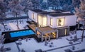 3d rendering of modern house with garden in winter night Royalty Free Stock Photo