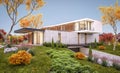 3d rendering of modern house on the hill with pool in autumn evening