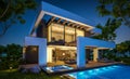 3d rendering of modern house in luxurious style in night