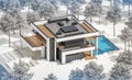 3d rendering of modern house in luxurious style in winter day