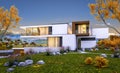 3d rendering of modern house by the river cool autumn evening wi Royalty Free Stock Photo