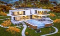 3d rendering of modern house by the river cool autumn evening wi Royalty Free Stock Photo