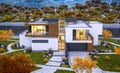 3d rendering of modern house by the river cool autumn evening wi Royalty Free Stock Photo