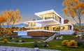 3d rendering of modern house by the river cool autumn evening wi Royalty Free Stock Photo