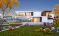 3d rendering of modern house by the river cool autumn evening wi Royalty Free Stock Photo