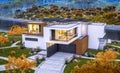 3d rendering of modern house by the river cool autumn evening wi Royalty Free Stock Photo