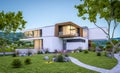 3d rendering of modern house by the river at evening Royalty Free Stock Photo