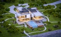 3d rendering of modern house by the river at evening Royalty Free Stock Photo