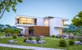 3d rendering of modern house by the river at evening Royalty Free Stock Photo