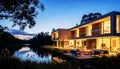 3D rendering of modern house by river at evening, peaceful waterside property, architectural visualization Royalty Free Stock Photo