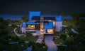 3d rendering of modern house by the river at night Royalty Free Stock Photo