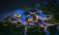 3d rendering of modern house by the river at night Royalty Free Stock Photo