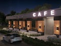 3d rendering of modern illuminated street city cafe at night