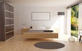 3d rendering of modern interior bedroom with big windows and mock up advertising pattern