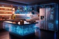 3d rendering of a modern kitchen with a black and blue theme, A smart kitchen interior with glowing network connections, digital
