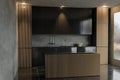 3d rendering of modern kitchen with wood slats and black fronts