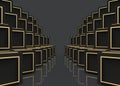 3d rendering. modern luxury golden frame on dark cube boxes stack rows wall background