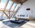 3d rendering of a modern rustic attic living room. Cozy loft interior with large skylight windows Royalty Free Stock Photo