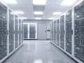 3D rendering of a modern server room in data center with cabinets, computers, network devices and security systems