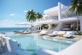 3d rendering of modern white villa with swimming pool and sea view, Two Deck Chair on Terrace with Pool and Stunning Sea View, AI Royalty Free Stock Photo