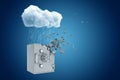 3d rendering of money safe dissolving into pieces from one side, standing under raining cloud on blue copyspace