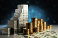 3D rendering, Money stacks transform into a business chart with arrows