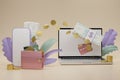 3D rendering Money transfer with wallet, smartphone, cradit card, Money online on computer labtop payment,earning.Capital flow.