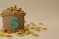 3D rendering moneybag simple cartoon. Money bag icon, Moneybag and coins isolated on beige background. Cashless society