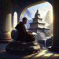 3D rendering of a monk reading a book in front of a temple generative AI