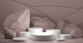 3D rendering monochrome Pastel color pink product podium with natural stones, design for cosmetics or product stand