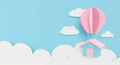 3d rendering for mortgage loan. Paper art or paper cut of pastel house hanging balloon on clouds sky. Dream home flying on blue