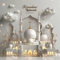 3D rendering of a mosque with trees and clouds for Ramadan Mubarak