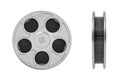 3d rendering of movie reel with a lot of film taped tightly inside of it in a front and side view on a white background.