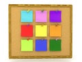 3D Rendering of multi colored post it notes on cork board Royalty Free Stock Photo