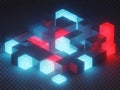3D rendering of glowing blue and red cubes on dark background Royalty Free Stock Photo
