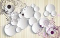 3d rendering mural wallpaper abstract with flowers ornament and white circles decoration Royalty Free Stock Photo