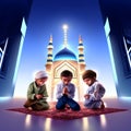 3D rendering of Muslim family praying in front of mosque at night AI generated