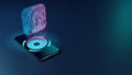 3D rendering neon holographic phone icon of voice memos app icon on dark background